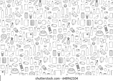 Food product outline set on white background. Coloring page wallpaper with supermarket meal.