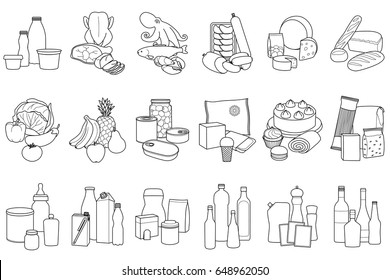 Food product outline set, placed in categories on white background.