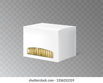 Food product paper packaging 3d realistic vector mockup template isolated on transparent background. Tea or cookies blank white closed cardboard box or container with plastic window illustration