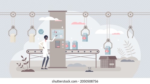 Food production and automated dairy manufacturing process tiny person concept. Grocery supply chain system with packaging conveyor in modern 4.0 factory vector illustration. Milk industry monitoring.
