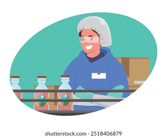 Producción de alimentos, el empleado supervisó la producción de productos en una industria. Ilustración vectorial.