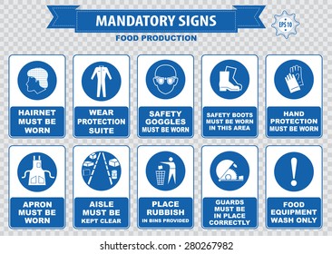 Food Production Mandatory Sign (hairnet Must Be Worn, Safety Goggles, Boots, Hand Protection, Apron, Aisle, Place Rubbish In Bins Provided, Guards, Food Equipment, Face Mask, Foot Bath, Hand Wash)