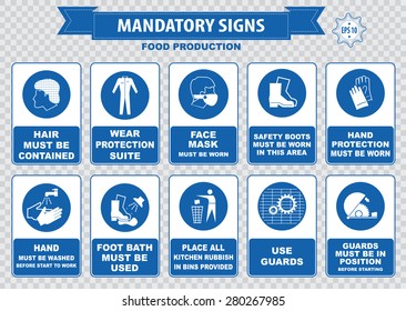 Food Production Mandatory Sign (hairnet Must Be Worn, Safety Goggles, Boots, Hand Protection, Apron, Aisle, Place Rubbish In Bins Provided, Guards, Food Equipment, Face Mask, Foot Bath, Hand Wash)