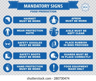 Food Production Mandatory Signs (hairnet Must Be Worn, Stack Correctly, Wheels Must Be Choked, Boots, Gloves, Face Mask, Dust Mask, Guards, Show You Id Cards, Place Rubbish In Bins)