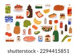 Food products, beverages set. Cooked dishes, cake, salad, turkey and ingredients, drinks, sauces. Champagne bottle, cans, fruits, vegetables. Flat vector illustrations isolated on white background