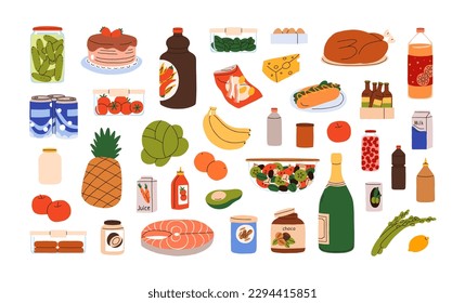 Food products, beverages set. Cooked dishes, cake, salad, turkey and ingredients, drinks, sauces. Champagne bottle, cans, fruits, vegetables. Flat vector illustrations isolated on white background
