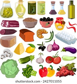 Food products in the collection.Vector color illustration with a large set of food products.