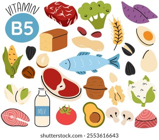 Food products containing vitamin B5. Healthy organic and dietetic products. Food supplement