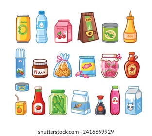 Food products and drink set. Collection of supermarket foods icons in cartoon style. Isolated on white background. Package container.