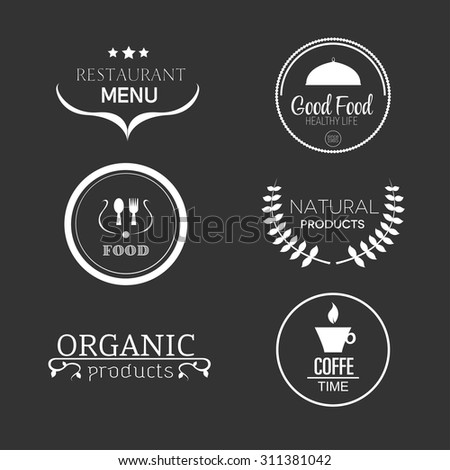 Food and products emblems vector set with clak bacground, coffe,  restaurant menu