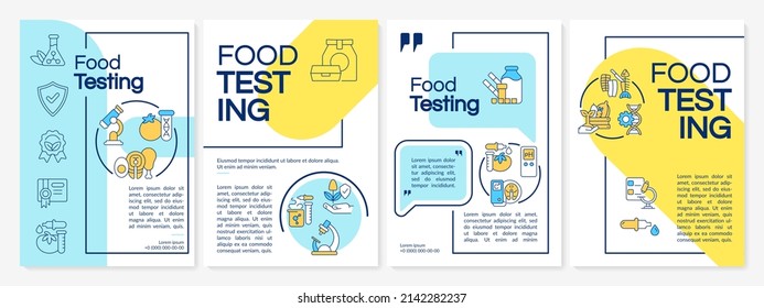 Plantilla de folleto azul y amarillo para la evaluación de los productos alimenticios. Examen de certificación. Diseño del prospecto con iconos lineales. 4 diseños vectoriales para presentación, informes anuales. Fuentes questriales, Lato-regulares usadas