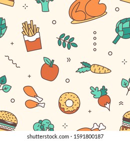 Food products flat vector seamless pattern. French fries, chicken and sandwiches linear icons. Fast food, fruits and vegetables outline illustrations. Trendy restaurant wallpaper design.