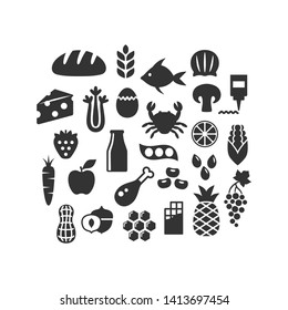 Food products, fruits, vegetables and dairy black isolated vector icon set. Food ingredients, meat, seafood, nuts glyph silhouette symbols.