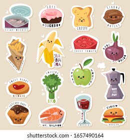 Food products grocery sticker pack in cute cartoon flat style. Isolated objects. Nice food emblems. Vector illustration