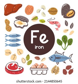 Food products with high level of Iron. Cooking ingredients. Meat, vegetables, nuts, legumes, seeds, seafood.