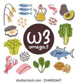 Productos alimenticios de alto nivel de Omega 3. Ingredientes de cocina. Verduras, mariscos, aceite, granos, nueces.