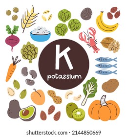 Food Products With High Level Of Potassium. Cooking Ingredients. Fruits, Vegetables, Legumes, Nuts, Dairy, Seafood.