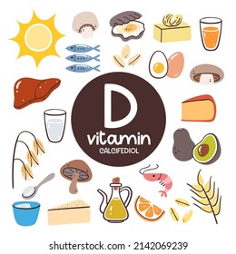 Food products with high level of Vitamin D (calcifediol). Cooking ingredients. Seafood, dairy products, oil, grain, mushrooms, eggs, liver