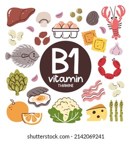 Food products with high level of Vitamin B1 (Thiamine). Cooking ingredients. Fruits, vegetables, legumes, dairy, seafood, meat products.