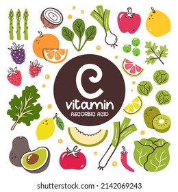 Food products with high level of Vitamin C (ascorbic acid). Cooking ingredients. Fruits and vegetables.