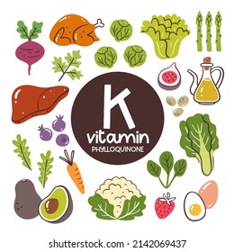 Food products with high level of Vitamin K (Phylloquinone). Cooking ingredients. Vegetables, fruits, eggs, meat, oil.