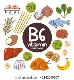 Food products with high level of Vitamin B6 (Pyridoxine). Cooking ingredients. Fruits, vegetables, legumes, grain, fish, meat, pasta, eggs, nuts.