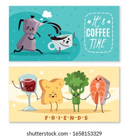 Food products horizontal banners with cute cartoon-style products items. Coffee pot chasing a Cup of coffee. Broccoli, salmon, toast, glass of wine holding hands. Vector illustration