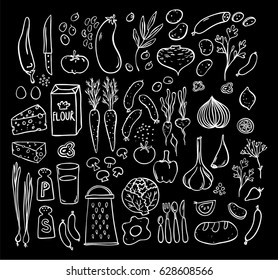 Food products and kitchen stuff outline hand drawn illustration set. Food preparation objects on a black background.