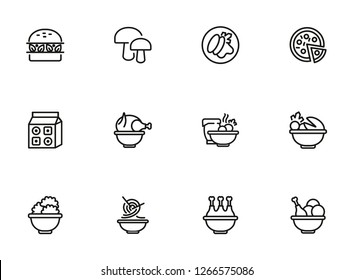 Food products line icon set. Set of line icons on white background. Food concept. Chicken, pizza, mushroom. Vector illustration can be used for topics like supermarket, cooking