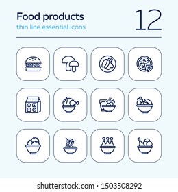 Food products line icon set. Set of line icons on white background. Food concept. Chicken, pizza, mushroom. Vector illustration can be used for topics like supermarket, cooking