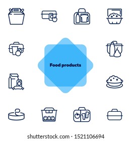 Food products line icon set. Set of line icons on white background. Lifestyle concept. Milk, container, snack, apple. Vector illustration can be used for topics like food, diet, eating