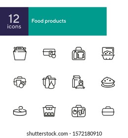 Food products line icon set. Set of line icons on white background. Lifestyle concept. Milk, container, snack, apple. Vector illustration can be used for topics like food, diet, eating