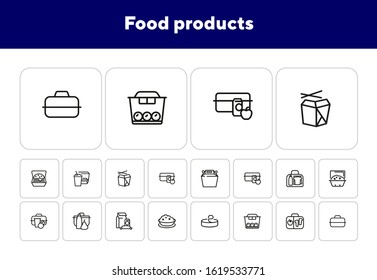Food products line icon set. Set of line icons on white background. Lifestyle concept. Milk, container, snack, apple. Vector illustration can be used for topics like food, diet, eating