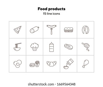 Food products line icons. Carton of milk, noodles, fast food. Food concept. Vector illustration can be used for topics like meals, eating, nourishment