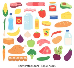Food products. Natural meat, dairy, organic fruits and vegetables, desserts and bread. Goods in package and can, flat vector set. Natural meal and product, nutrition healthy and fresh illustration
