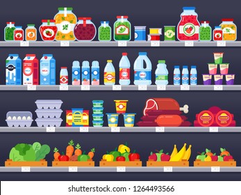 Productos alimenticios en el estante de la tienda. Estantes comerciales de supermercado, escaparate de tienda de comida y venta de productos de comida para llevar. Ilustración vectorial de la variedad de productos en el mercado de la compra