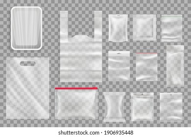 Food products plastic packaging mockups. Polyethylene tray with plastic wrap, t-shirt packet with handle and airtight pouches, blank sachets with ziploc, hang hole and perforation 3d realistic vectors