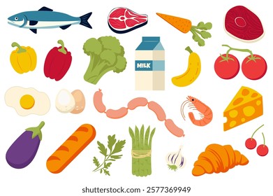 Food products set in flat graphic design. Collection elements of fish, meat steak, carrot, yellow pepper, red paprika, broccoli, milk package, banana, tomato, eggs, cheese, other. Vector illustration.