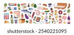 Food products set. Supermarket groceries, goods. Meat steak, fish, milk bottle, vegetables, fruits and baguette. Pasta, sausages, egg, ice-cream. Flat vector illustration isolated on white background