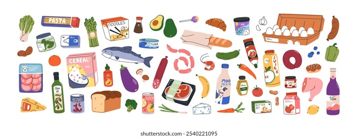 Conjunto de produtos alimentares. Supermercados de mantimentos, mercadorias. Bife de carne, peixe, garrafa de leite, legumes, frutas e baguete. Massa, salsichas, ovo, sorvete. Ilustração de vetor plano isolada no plano de fundo branco