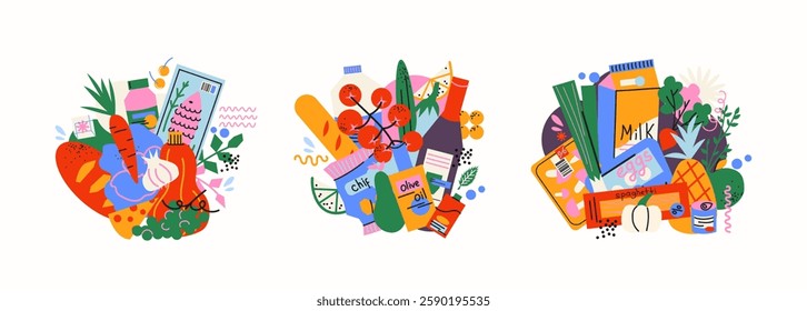 Food products from the supermarket. Grocery goods, dishes, baked goods, drinks, delicacies, ingredients. Fresh grocery products vegetables and fruits. Doodle cartoon retro supermarket illustration