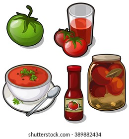 Food products from tomatoes. Food isolated on a white background. Vector.