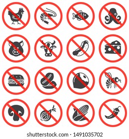 Food prohibition signs vector icons set, modern solid symbol collection, filled style pictogram pack. Signs, logo illustration. Set includes icons as no chicken, nuts, seafood, unhealthy junk food