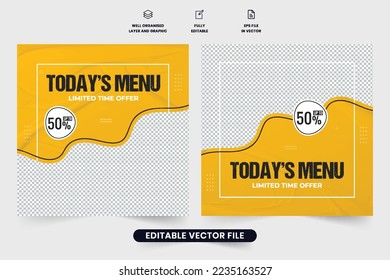 Food promo template design with yellow and dark colors. Special food promotional web banner vector for social media marketing. Culinary promo template with discount offer and photo placeholders.