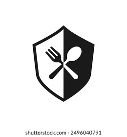 Food protection, fork and spoon with shield icon flat style isolated on white background. Vector illustration