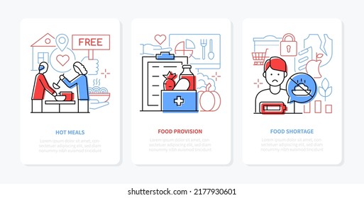 Food provision and meals - line design style banners set with place for text. Illustration with hot meals for the homeless and refugees, proper nutrition, hunger and lack of vegetables and fruits