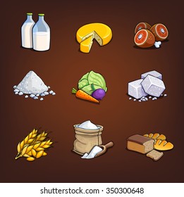 food provisions icons milk cheese meat salt vegetables sugar wheat spica flour bread cabbage beet carrot illustration vector black background