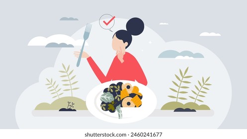 Food psychology and brain nutrition for mental health tiny person concept. Wellness and well-being from fresh, raw and organic vegetable and leafy greens eating in daily diet vector illustration.