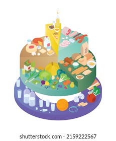 Food pyramid, different food groups, vegetables, grains, dairy products, and meats. Isometric vector illustration in flat design. Vegan diet, nutritional, infographic. Chart, graph, diagram.