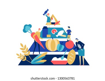 Food pyramid - flat design style colorful illustration. A composition with male, female characters, products in order of importance. Images of bread, vegetables, meat, dairy and sweets. Healthy eating